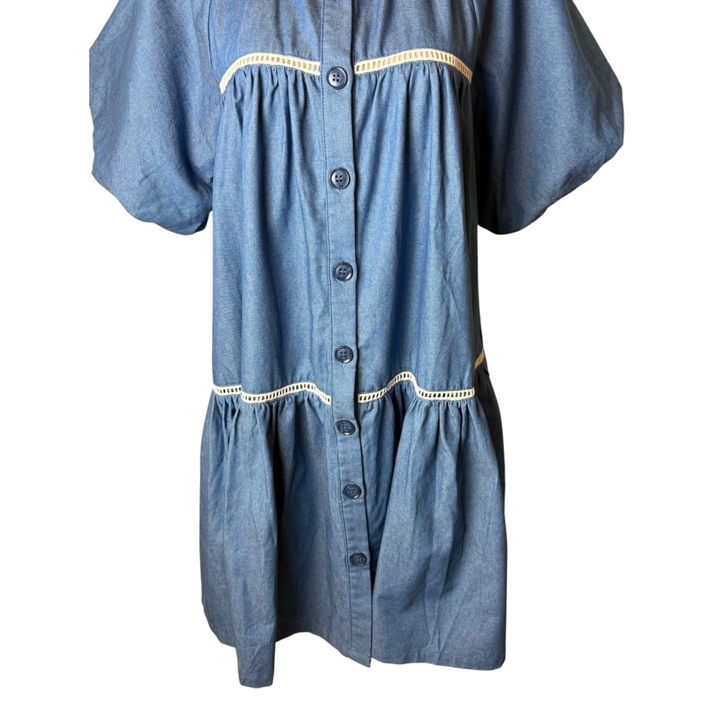 En Saison Tara Tiered Cotton Trapeez Shirtdress Women Medium Blue Mini Bohoi - Picture 3 of 11